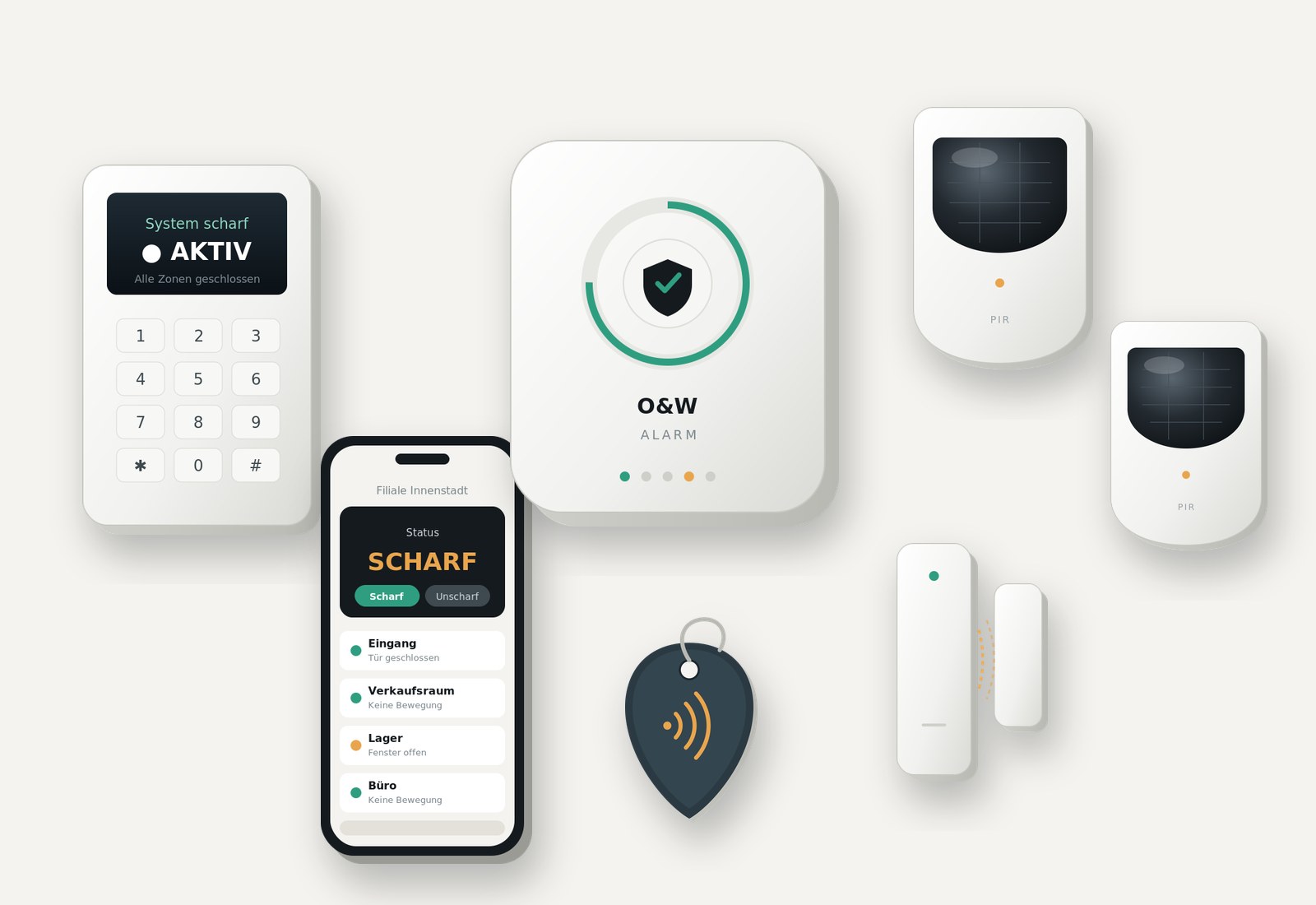 Alarmanlagen-Paket mit Zentrale, Bedienteil, Bewegungsmeldern, Öffnungsmelder, Proximity-Schlüssel und App