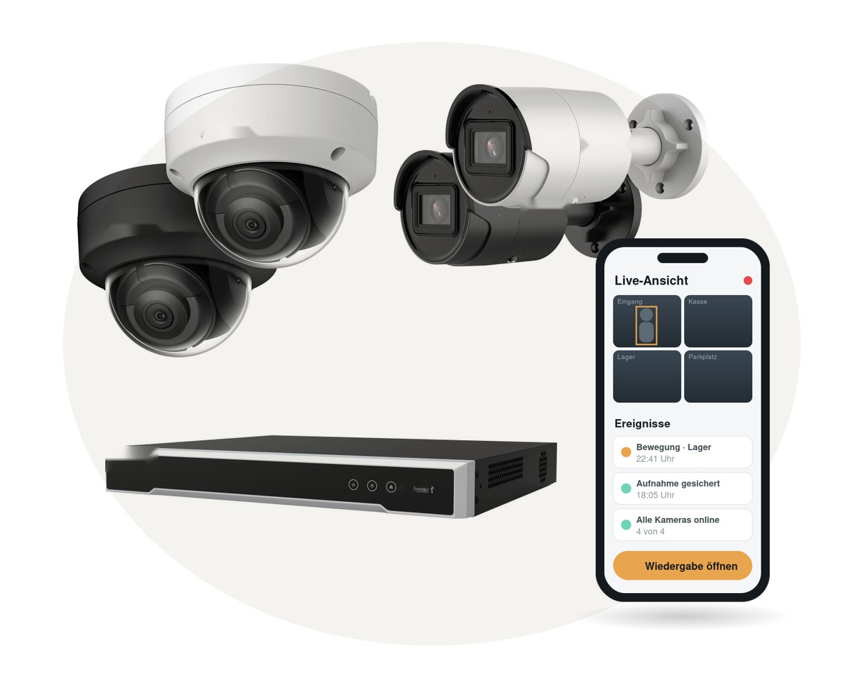 Videoüberwachungssystem mit Dome-Kamera, Bullet-Kamera, Monitor mit Auswertungssoftware und Smartphone-App